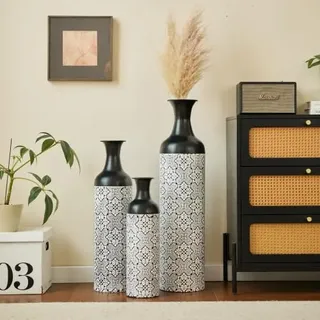 FammyLoft Metall Bodenvase Groß Set 3, Vintage Floor Vases, Weihnachten Schwarz Weiß Vase, Pampas Branch High Decorative Bodenvase Living Room Bedroom, Large -83/65/50cm High, Home Decoration