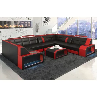 Sofa Dreams Wohnlandschaft Ledersofa Pesaro Mini U Form, Designersofa, Sofa mit Licht und USB rot|schwarz