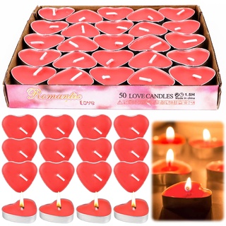 RUNEAY Herz Teelichter Rot 50 Stück, Rot Kerzen Herz Deko für Valentinstag, Teelichter Herzen Kerze Romantische Deko Teelichter Rot für Verlobung, Heiratsantrag, Marry Me Deko