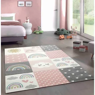 Carpetia Kinderteppich Kinderzimmer Herzchen Wolken Regenbogen rosa creme grau, rund, Höhe: 13 mm grau|rosa rund | 160 cm x 160 cm x 13 mm