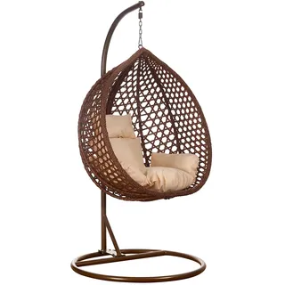 RAMROXX Luxus Hängesessel Style XXL Rattan Korb und Gestell Braun mit Relaxkissen Beige