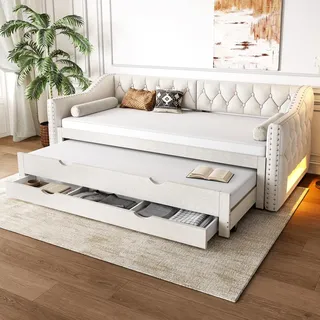 BTM 90-180x200 Tagesbett mit LED-Licht Ausziehbett mit Schubladen, Schrankbett Schlafcouch Ausziehbar Bett Beige (ohne Matratze)