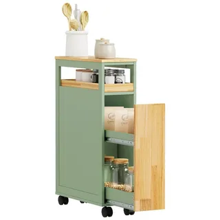 SoBuy Servierwagen NSR14, Nischenwagen Schmal 20cm, Rollwagen mit 2 Schubladen, (1er Set), Rollcontainer mit Schiebetür und Bremssystem für Küche und Badezimmer grau|grün
