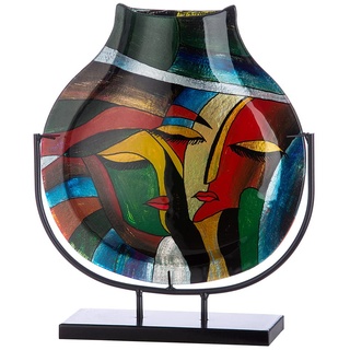 GILDE GLAS art Deko Vase auf schwarzem Metall Ständer - Gesicht Face - Kunstobjekt handbemalt - Mehrfarbig Höhe 40 cm