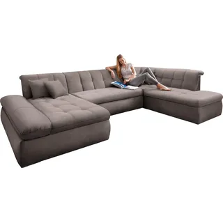 Wohnlandschaft DOMO COLLECTION "NMoric im XXL-Format, B/T/H: 353/216/80 cm, incl. Zierkissen U-Form", grau (taupe), B:353cm H:80cm T:216cm, Microfaser PRIMABELLE (100% Polyester), Chenille (85% Polyester, 15% Acryl), Luxus-Microfaser (100% Polyester), Struktur ( 100% Polyester), Sofas, wahlweise mit Bettfunktion und Armlehnenverstellung