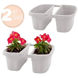 GarPet 2x Blumenkasten Balkongeländer Beidseitig Balkon Blumenkasten Doppelseitig Balkonkasten mit Halterung Geländerkasten mit Wasserspeicher Weiß 40 cm
