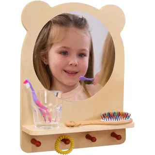 ODOXIA Montessori Badezimmerspiegel mit Haken | Kinderspiegel Badezimmer mit Ablage | Montessori Möbel zur Selbstständigkeit | Montessori Spiegel mit Regal und Haken für Kinder | Selbstpflege Station