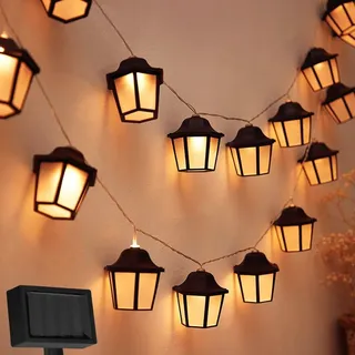 Lumiled Lichterkette Laterne Solar außen 10 Laterne LEDs 3,8 Meter Warmweiß 3000K Solarlichterkette Laternen Outdoor Lichterketten Hochzeit Balko... - Schwarz