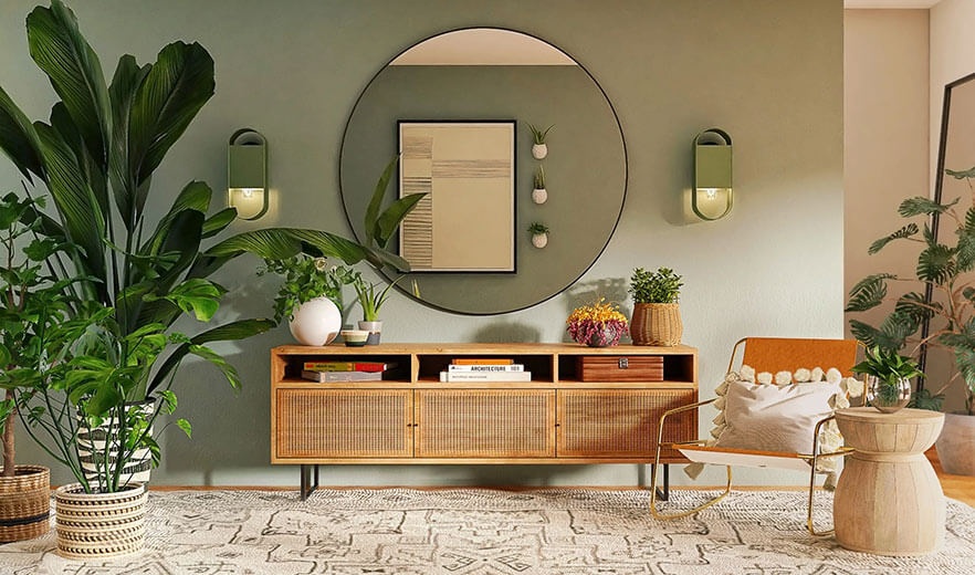 Zimmer mit Sideboard, Zimmerpflanzen, Spiegel, Stuhl und Teppich