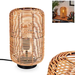 Tischleuchte Mulstrand, moderne Boho Tischlampe aus Metall/Rattan in Schwarz/Natur, Nachttischlampe mit Schirm in Gitter-Optik, An-/Ausschalter am Kabel und Lichteffekt, 1 x E27, ohne Leuchtmittel