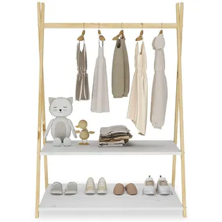IDIMEX Kindergarderobe Danilo mit 1 Kleiderstange & 2 Ablageböden in Natur/weiß - Montessori Möbel für Kinderzimmer, freistehende Garderobe aus Massivholz mit Ablage.