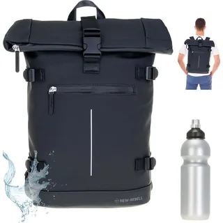 Rucksack Herren Jungen Roll Top Kurierrucksack Laptoprucksack New Rebels William groß A4 Geheimfach Anti-Theft Freizeitrucksack 511306 00 Black Sc... - Schwarz