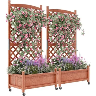 GarveeMore Blumenkasten 2 Stk Erhöhtes hochbeet mit Abflusslöchern und feststellbaren Rollen, Pflanzkasten aus Holz mit Rankgitter,75x66x156cm für Garten,Balkon braun