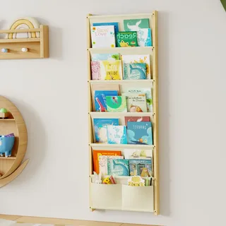 Bücherregal Kinder Wand Holz, mit 6 Lagige Taschen Wandregal Bücher Kinder, Montessori Bücherregal für Spielzeug, Kinderzimmer, Baby Zimmer, Spielzimmer, Kinderregal Bücher Aufbewahrung, 118*42CM