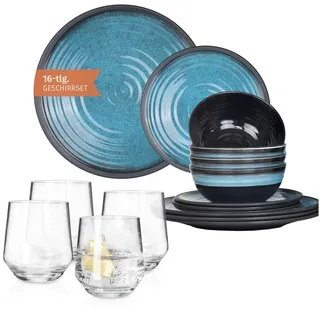 Moritz Geschirr-Set Camping Geschirr Stone Blue + Milano Wassergläsern