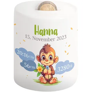 Kinder-Spardose mit Namen & Geburtsdaten personalisiert - Wolken-Motiv - Geldgeschenk für Neugeborenen & Baby - Sparschwein für Mädchen & Jungen - Geschenk zur Geburt, Taufe, Geburtstag (AFFE)