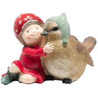 Deko Winterkind mit Vogel Wichtel Mädchen Winter Kind Junge Paar Skulptur Figur