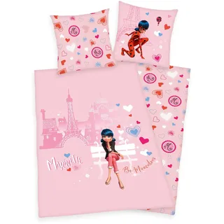 Miraculous Ladybug Flanell Wende Bettwäsche-Set rosa Bettbezug 135 x 200 cm Kissenbezug 80x80 cm Kinderbettwäsche aus 100% Baumwolle mit Reißverschluss