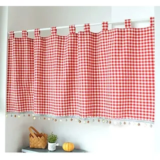 Yaland Elegant Schlaufenschal karo Gardine Karierte Küche Gardine Scheibengardine mit Kugeln-Kante Landhausstil Bistrogardine mit Raffhalter (HxB 50x140cm, rot) 1 Stück