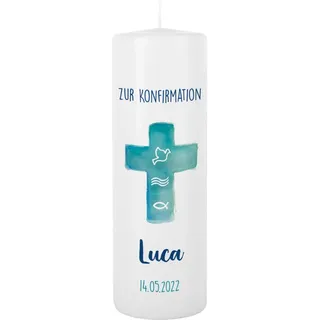 Herz & Heim® Konfirmationskerze mit Gratis Aufdruck des Namens u. des Datums 8 x 25 cm Kreuz Watercolour