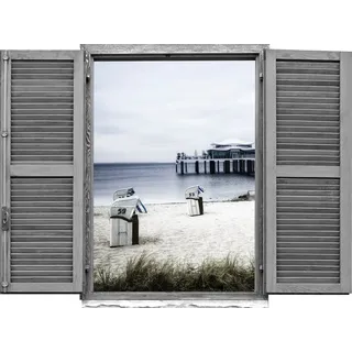 queence Wandtattoo Strandkörbe am Meer (1 St), Wandsticker, Wandbild, selbstklebend, 3D, Fenster weiß