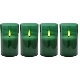 Hochwertige LED Adventskerzen im Glas - 4er Kerzenset / Sparset - Timer - Realistisch Flackernd - Kerze Weihnachten / Weihnachtskerzen / Adventskranz (Grün, Mittel - Höhe 12,5cm / Ø 7,5cm)