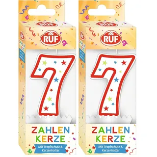 RUF Zahlenkerze Nummer 7, rote Geburtstags-Kerze mit bunten Sternchen, hochwertige Jubiläums-Kerze mit Tropfschutz, ideal als Kuchen Deko, 1 Stück (Packung mit 2)