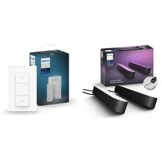 Philips Hue Dimmschalter | Zubehör für Ihr System | kabelloses Dimmen ohne Installation + White and Color Ambiance Play Lightbar 2-er Pack, schwarz