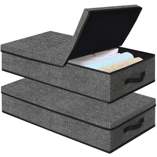 VERONLY 2 Stück Unterbett Aufbewahrungsbox Aufbewahrung mit Deckel, 50L Schwarz Unterbettkommode mit 2 Partition und Griff Faltbarer Unterbettbox für Bettdecken, Decken, Kleidung, Spielzeug