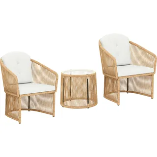 Outsunny Polyrattan Gartenmöbel Set, Outdoor Lounge Balkonmöbel mit Kissen für 2 Personen, 3-teilig wetterfest Sitzgruppe mit 2 Stühle, rundem Glastisch für Garten, Terrasse Balkon, Cremeweiß   Aosom