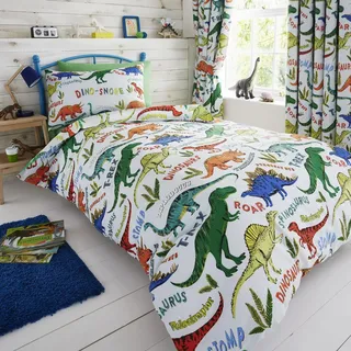 Happy Linen Company Kinder Bettwäsche-Set - Dinosaurier-Motive - wendbar - Grün - Einzelbett
