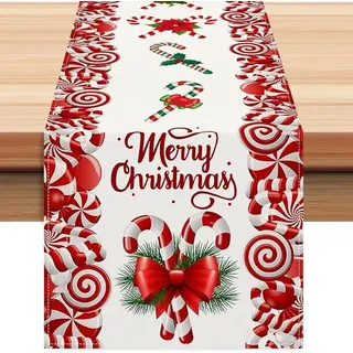 Roter Und Weißer Tischläufer Aus Leinen Mit Zuckerstangenmotiv, 183 Cm Lang, Für Winter, Weihnachten, Feiertage, Im Landhausstil, Rot