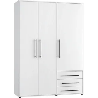 FORTE Drehtürenschrank Kleiderschrank,zeitloses Design,3 türig viel Stauraum, Schubladen, Stangengriffe, Made in Europe weiß