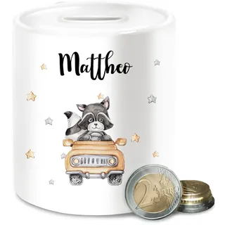 Spardose - Tiere - Süßer Waschbär Rennfahrer Motiv Baby - Unisize - Weiß - spardosen für Kinder personalisierte Geschenke waschbären Keramik kindersparbüchse Tier sparbüchse Fuchs Tieren