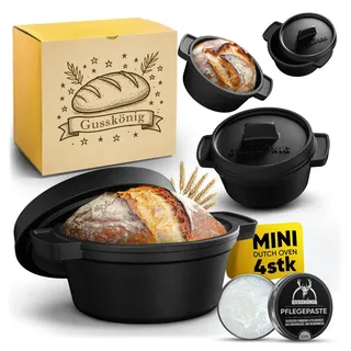 GUSSKÖNIG Mini Gusseisen Brotbackform Set–4x 300 ml Brotbacktopf mit Deckel–eingebrannte Mini Dutch Oven zum Brotbacken–kleine Gusseisentöpfe für Mini-Brote+Rezeptbuch & Pflegepaste–30Jahre Garantie