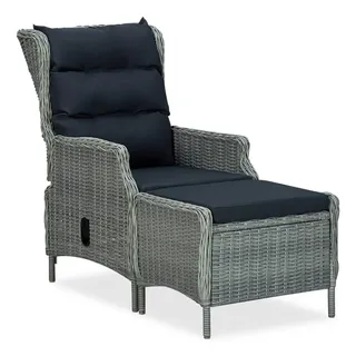 furnicato Gartenstuhl Gartensessel Hellgrau aus rundem PE-Rattan 57x88x100 cm (1 St), Loungemöbel mit Liegefunktion, Fußhocker und gepolsterten Kissen grau|schwarz 57 cm x 100 cm x 59 cm
