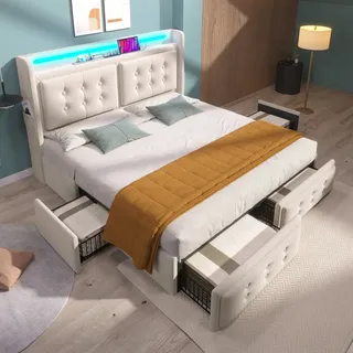 okwish Polsterbett Doppelbett 180 x 200 cm mit USB-Ladeanschluss und LED-Beleuchtung, Funktionelles Stauraumbett mit 4 Schubladen(Ohne Matratze)- B... - Grau