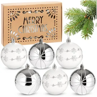 Brubaker Weihnachtsbaumkugel 6er Set Weihnachtskugeln - 8 cm Christbaumkugeln (6 St), Baumkugeln für Weihnachtsdeko - handbemalte Weihnachtsbaumkugeln silberfarben