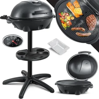 Elektrogrill 2in1, elektrischer Tischgrill, Standgrill mit Deckel, max. 2400Watt, Thermometer, Antihaftbeschichtung, xxl Grillplatte, Schwarz - Kesser