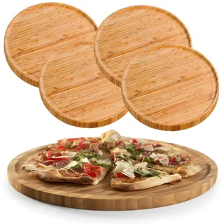 LS-LebenStil 4x XL Holz Pizzateller 32cm Rund FSC Bambus - Set 4 Stück - | Pizzabrett Servierbrett für Pizza, Flammkuchen, Käse Brotzeitbrett Schneidebrett Holzbrett Vesperbrett Holzteller groß