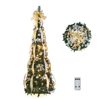 VINGLI Künstlicher Weihnachtsbaum mit Lichtern, Weihnachtsdeko mit Metallständer, für innen & Außen, Pop-Up Tannenbaum 180 cm – 150 Warmweiße LEDs mit 8 Modi grün 180 cm