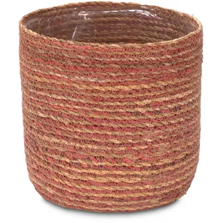 Decorasian Seegras Blumentopf – Übertopf geflochten – dekorativer Planzenkorb mit Folieneinsatz im Boho Stil - Natur/pink, 21cm