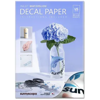 Sunnyscopa Wasserschiebefolie für Tintenstrahldrucker - Transparent, A4, US Letter 20 Blätter - Personalisierte Transferfolie - Bedruckbares DIY Aufklebepapier