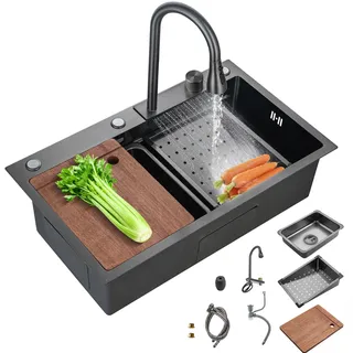 76,2 cm Küchenspüle mit Wasserhahn, Kombi-Wasserfall, schwarze Spüle, Edelstahl, Wasserfall, Küchenspüle, Küche, Arbeitsplatte, multifunktional, Bauernhaus, Unterbau oder Aufsatzspüle, Drop in
