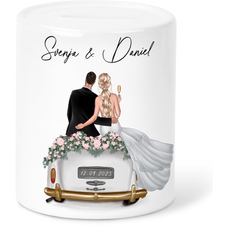 Spardose Hochzeit personalisiertes Geldgeschenk Sparschwein mit Hochzeitsauto & Brautpaar Hochzeitsgeschenk Geld Sparbüchse aus Keramik