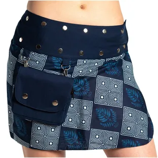 Damen Minirock aus Indien mit Tasche und 2 Mustern zum Wenden, Sommerrock kurz, Wenderock, Wickelrock Goa Gypsy Hüftschmeichler Rock - mit 18 Nieten Druckknöpfen, flexibel, Indigo - Einheitsgröße