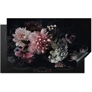 KitchenYeah© Herdabdeckplatte Einteilig Herdabdeckung Abdeckplatte für Ceranfeld Abdeckung Induktionskochfeld Aufrollbare Matte Blumen - Pink - Vintage - Pastell - Rosa - Schwarz - 90x52 cm