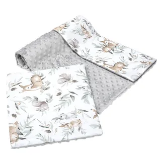 Medi Partners Babydecke Krabbeldecke mit Kissen 100% Baumwolle Minky Kinderdecke groß zweiseitig 75x100 + 35x30cm multifunktional für Bett Kinderwagen (Hirsch in Blättern mit grauem Minky)