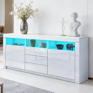 Senvoziii Sideboard Hochglanz Matt Anrichte Schrank mit 2 Türen 3 Schubladen & LED Beleuchtung TV Lowboard Für Esszimmer Wohnzimmer Möbel Weiß