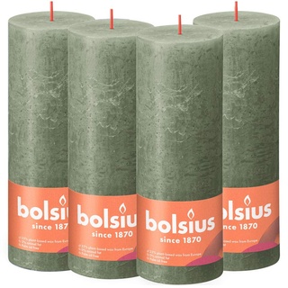 Bolsius Rustik Stumpenkerzen - Olivengrün - 4 Stück - 19 x 7 cm - Länge Brenndauer 85 Stunden - Unparfümierte - Natürliches Pflanzenwachs - Ohne Palmöl